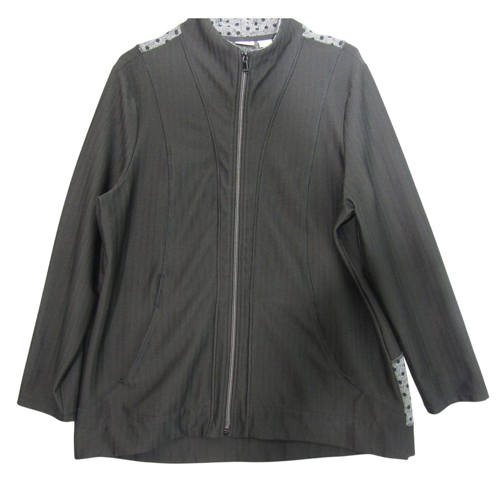 Chico's Zenergy Zip Up Jacket Womens Black Good‎ Herringbone Polka Dot Pocket